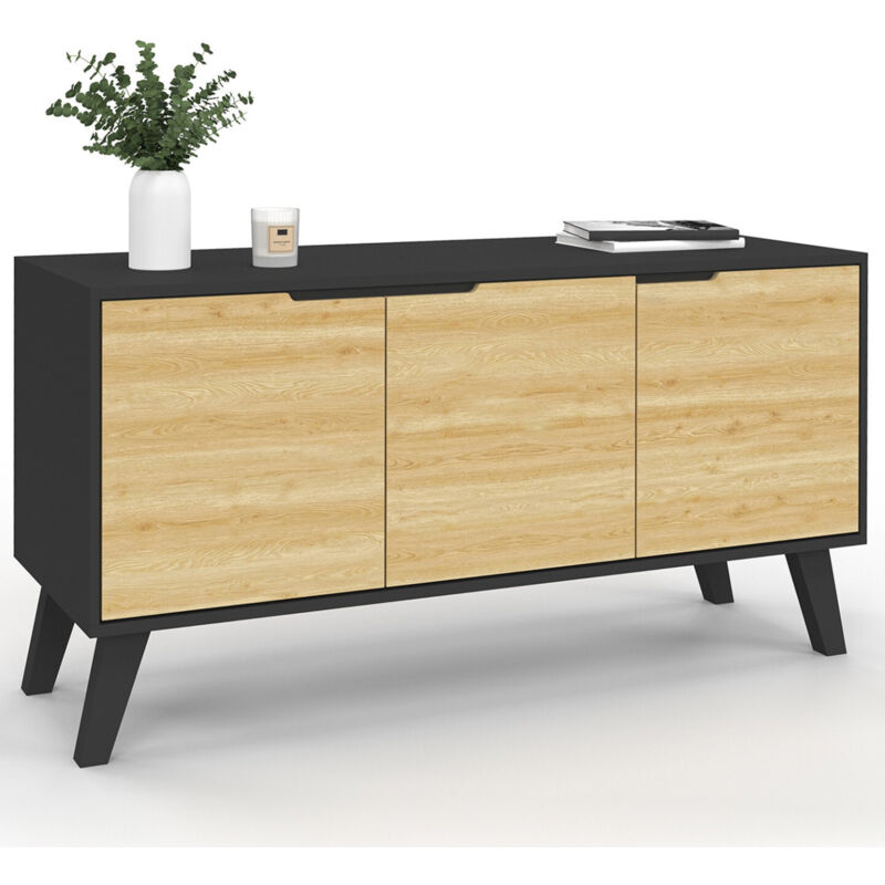 Idmarket - Buffet bas scandinave 113 cm finn noir 3 portes façon hêtre