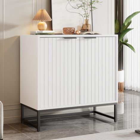 Buffet bas - style scandinave - 2 portes décoratives à grains verticaux - Blanc