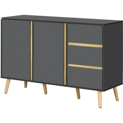 Buffet bas style scandinave sur pieds, 2 portes 3 tiroirs, 120x40x80 cm, gris anthracite