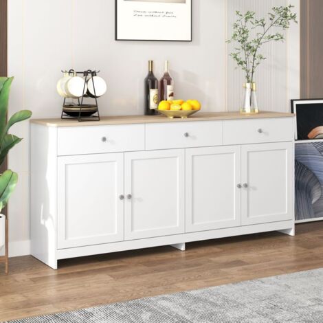 Buffet Bas - TANANT - Moderne - 4 Portes - 3 Tiroirs - Blanc et Bois