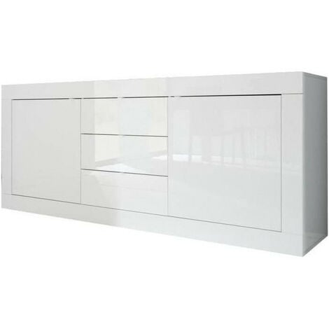 HOMEMANIA Buffet BASICO 2 Portes 3 Tiroirs Blanc Laque brillant - L210xP42xH85,8 cm