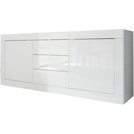HOMEMANIA Buffet BASICO 2 Portes 3 Tiroirs Blanc Laque brillant - L210xP42xH85,8 cm
