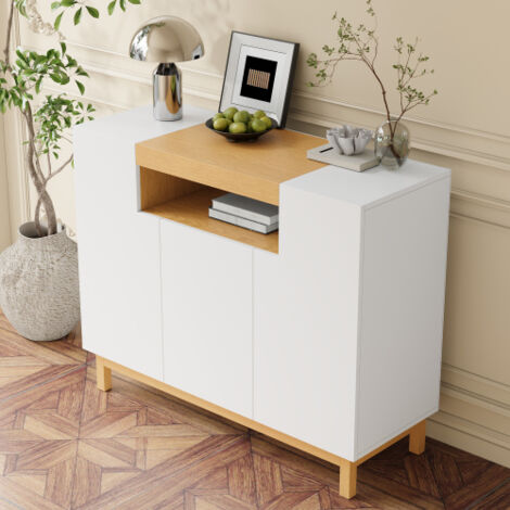 Buffet blanc 120 cm avec 3 portes, meuble de rangement avec étagères intégrées, pour salon et salle à manger, 120x42x96 cm