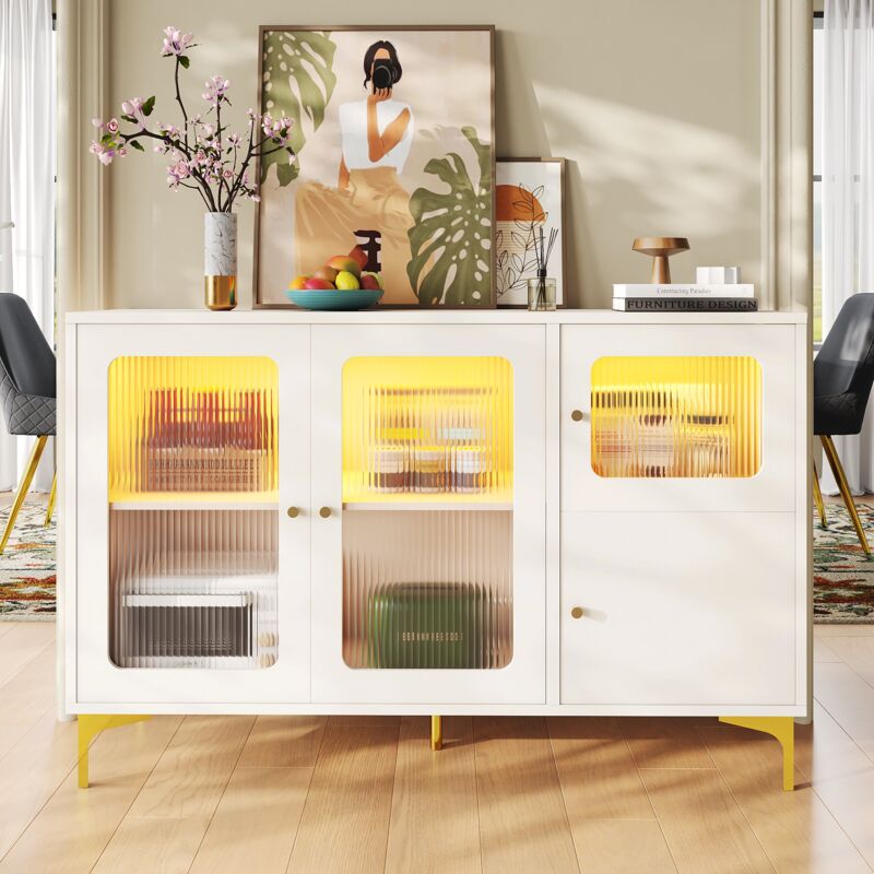 Buffet 140 cm avec compartiments de rangement, porte vitrée Changhong, éclairage intégré, poignées rondes et support doré, convient pour salle à