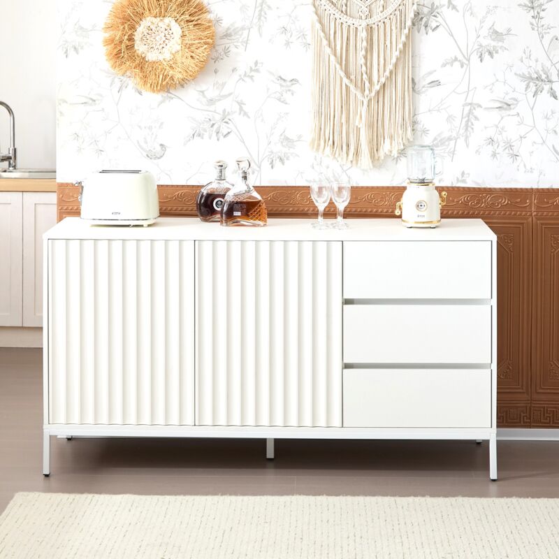 Buffet Blanc 150cm avec 3 tiroirs, étagères réglables, design texturé, Buffet de rangement moderne pour cuisine, salon - Blanc