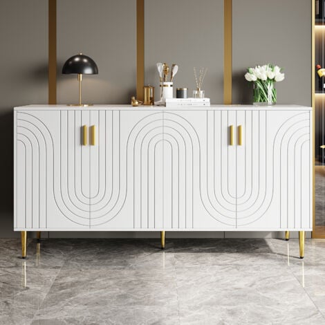 OKWISH Buffet blanc (152 x 40 x 75 cm) avec un design de vagues unique et des poignées et pieds dorés pour un coin repas élégant