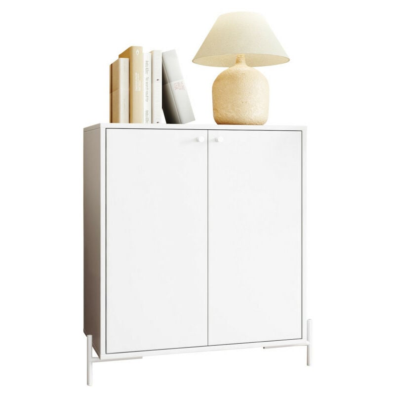 Beaux Meubles Pas Chers - Buffet Blanc 2 Portes 3 Niches Pieds Métal Ronds l 74.5 h 79 p 35 cm