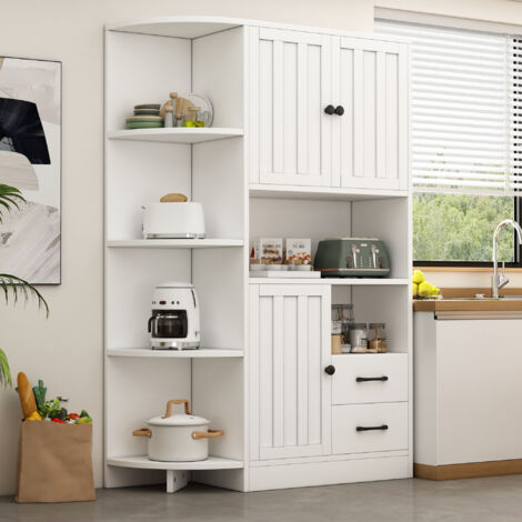 Buffet blanc 2 tiroirs 3 portes avec rangement ouvert, vitrine, meuble haut pour salon et cuisine, 104x35x155 cm
