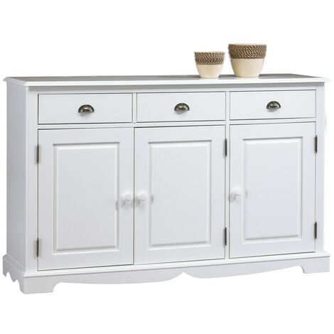 Buffet Blanc 3 Portes 3 Tiroirs Style Anglais 4 Niches L 146.6 H 89.6 P 42.5 cm