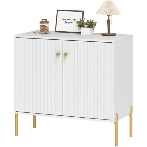 Buffet blanc 80 cm, meuble salon avec portes cannelées, étagère ajustable, pieds acier
