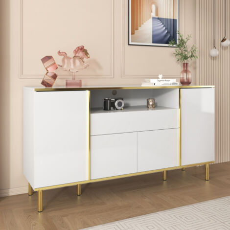 Buffet blanc avec 1 tiroir, 6 compartiments de rangement, éclairage LED, 150×40×80cm