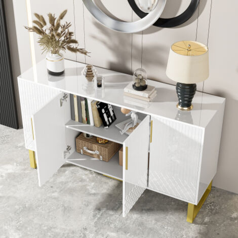 Buffet blanc avec 4 portes, poignées et pieds dorés, motif géométrique