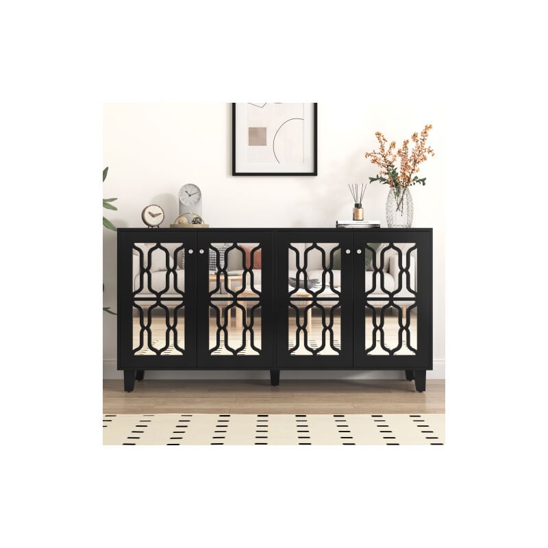 Buffet avec 4 portes et étagères mobiles - surface miroir - poignée en cristal - Noir