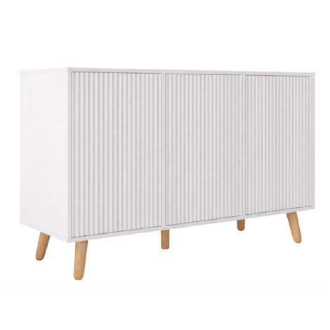 Buffet blanc avec portes cannelées – Meuble salon 120x76x40cm – Système d'ouverture push-click – Pieds coniques en bois 15cm – Design Ameublement
