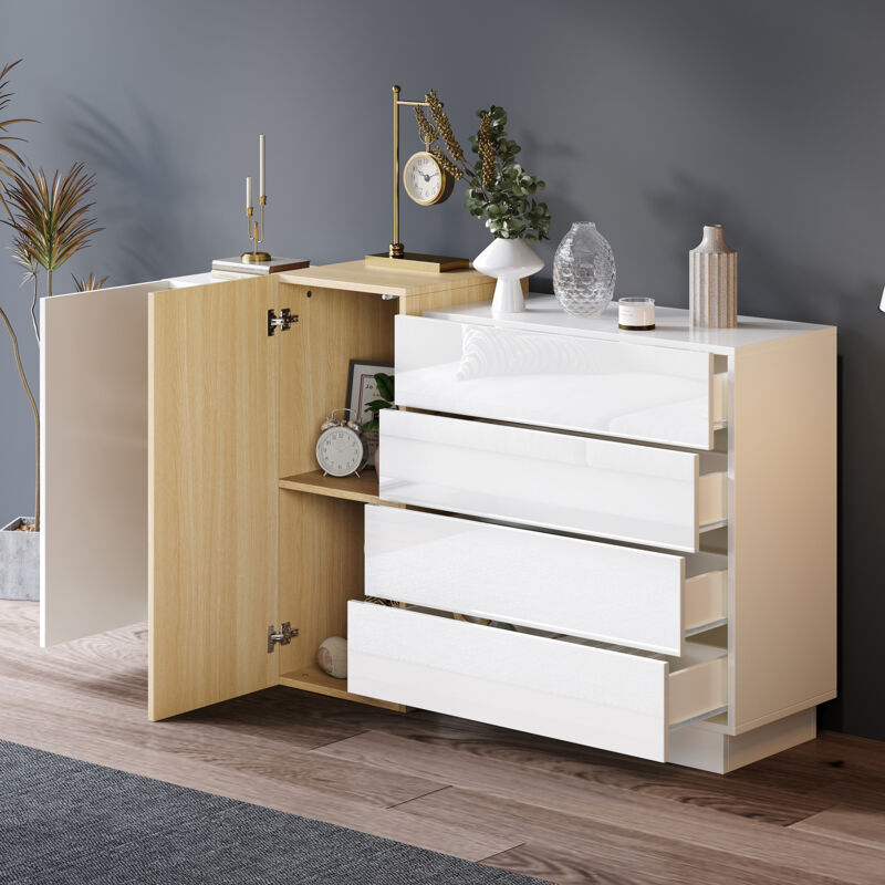 Buffet blanc brillant 150x37,5x87cm, 2 portes, 4 tiroirs, commode, rangements, blanc + naturel