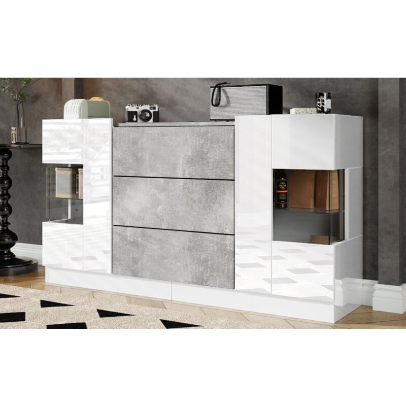 Buffet blanc brillant avec 2 portes et 3 tiroirs, aspect marbre gris, meuble tv led de 16 couleurs
