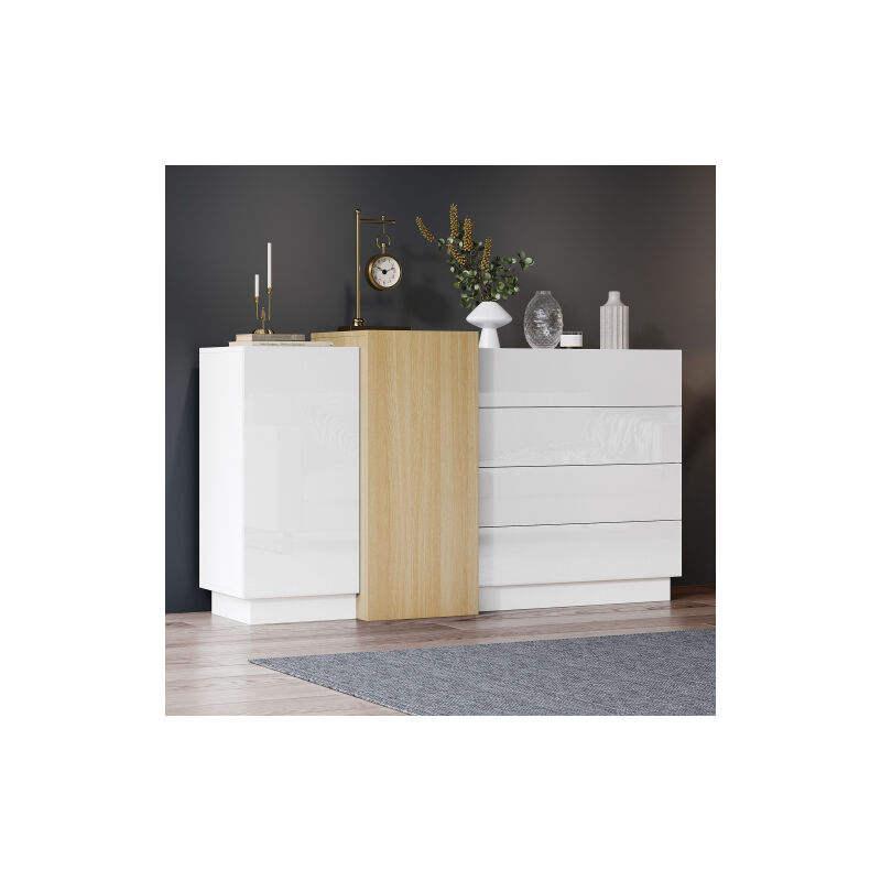 Buffet blanc brillant avec 4 tiroirs et 2 portes, design bois naturel, MDF