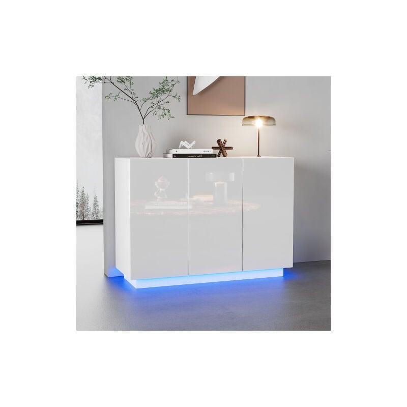 Buffet blanc brillant avec éclairage led, 3 portes, panneaux de particules, 120x40x75 cm