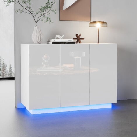 WISHDOR Buffet blanc brillant avec éclairage LED, 3 portes, panneaux de particules, 120x40x75 cm