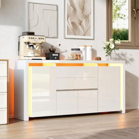 Buffet Blanc Brillant avec Éclairage LED, Sideboard Buffet avec 4 Portes et 2 Tiroirs, Commode Chambre, Meuble de Rangement, 160x35x75 cm, Blanc