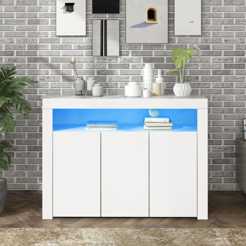 Okwish - Buffet blanc brillant avec lumières led, meuble de rangement moderne à 3 portes en bois avec télécommande pour cuisine, salon, salle à