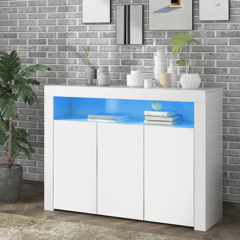 Buffet blanc brillant avec lumières LED, meuble de rangement moderne à 3 portes en bois avec télécommande pour cuisine, salon
