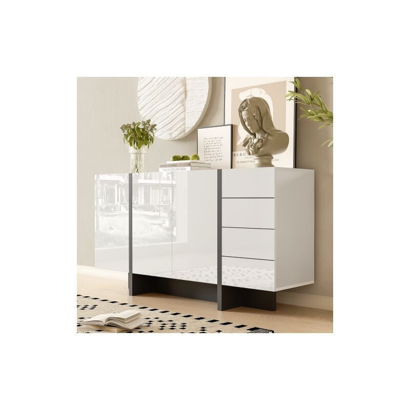 Buffet blanc brillant, buffet moderne et simple avec 2 portes et 4 tiroirs, facile à nettoyer, idéal pour le salon ou la salle à manger