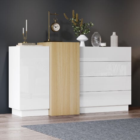 Buffet blanc brillant, meuble de salle à manger moderne avec 4 tiroirs profonds, 150x38x87 cm