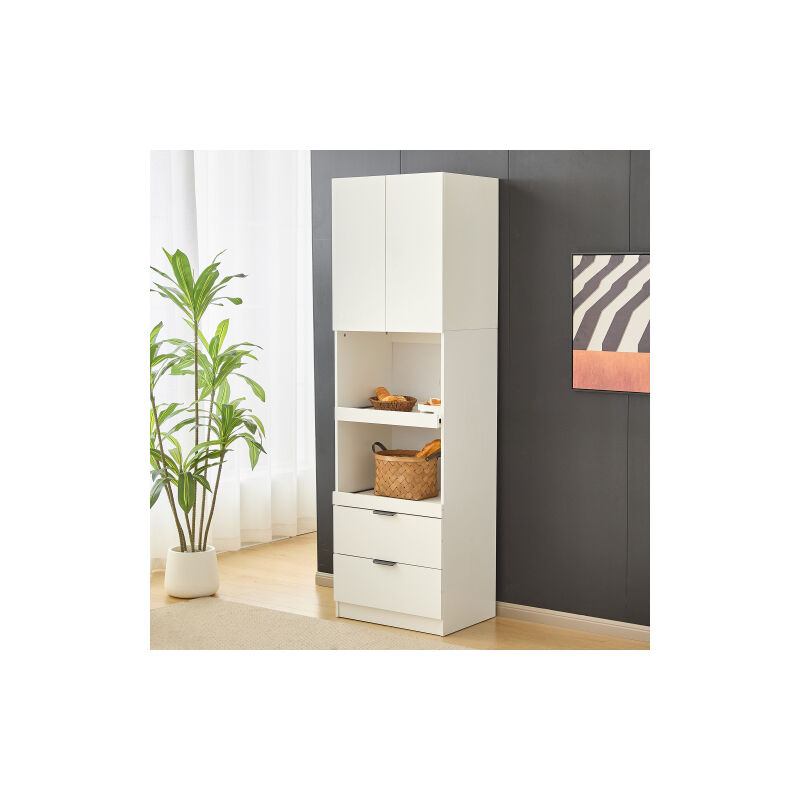 Buffet blanc, Buffet 200 cm avec étagère pour micro-ondes, 2 tiroirs, protection anti-basculement, pour salle à manger, salon