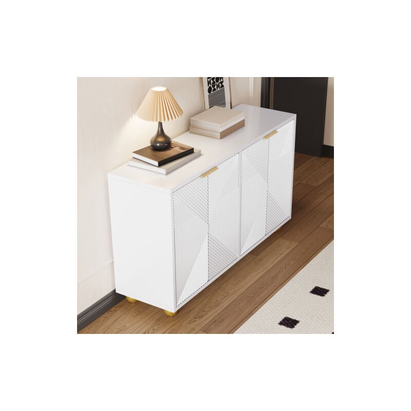 Buffet blanc, buffet salon avec 4 portes profilées, étagères réglables, poignées en métal et pieds sphériques