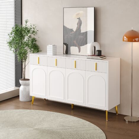 Buffet blanc, buffet salon avec poignées et pieds dorés, 4 portes, 4 tiroirs, avec stratifié amovible, pour salon et salle à manger
