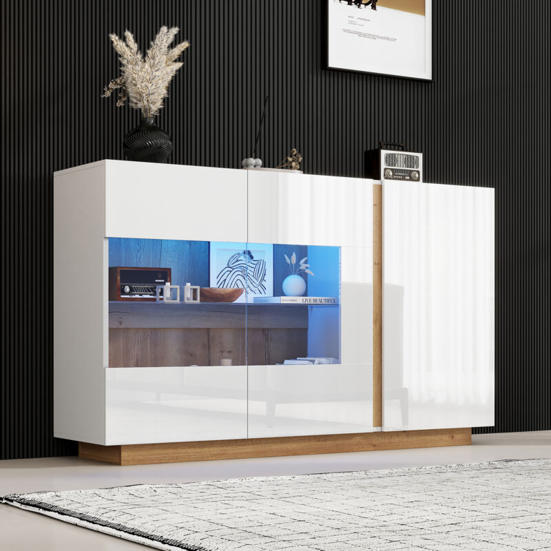 Buffet blanc, buffet salon avec verre et led, base en bois, 138 x 38 x 90,5 cm