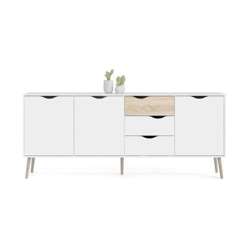 Tvilum - Buffet - Blanc / Chene - 3 portes / 3 tiroirs - Pietement évasé en bois massif - 195,7 x 39,1 x 81,7 cm