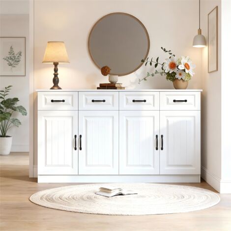 Buffet blanc, commode en MDF avec 4 tiroirs et 4 portes, 2 étagères, design cannelé et 8 poignées métalliques, grand rangement supérieur pour salon, chambre et cuisine, largeur 160 cm