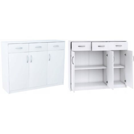 Buffet blanc contemporain 3 portes 3 tiroirs – Dimensions 110 x 35 x 85 cm – Épaisseur panneau 16 mm – Rangement élégant