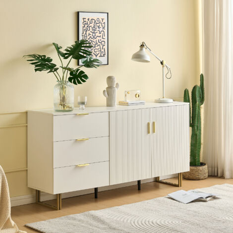 Buffet blanc élégant 160x40x81.5cm, 2 portes + 3 tiroirs + poignées dorées + pieds acier, pour salon et salle à manger
