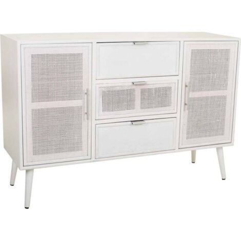 Buffet blanc en bois et bambou esprit scandinave élégant - blanc et bambou naturel