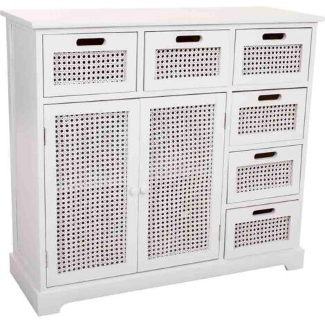 Buffet blanc en bois et cannage style moderne élégant - Blanc et cannage naturel clair
