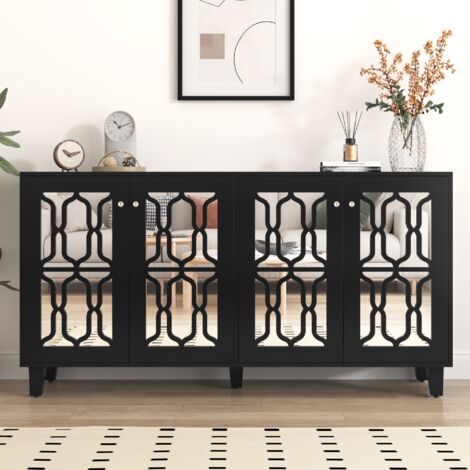 Buffet blanc en miroir avec poignées en cristal, quatre portes, avec stratifié amovible. Pour salon et salle à manger, 160 x 40 x 84 cm - Noir
