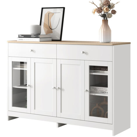 Buffet blanc et bois 120×37×80 cm – 4 portes et 2 tiroirs avec portes vitrées – Meuble de rangement pour salon et salle à manger