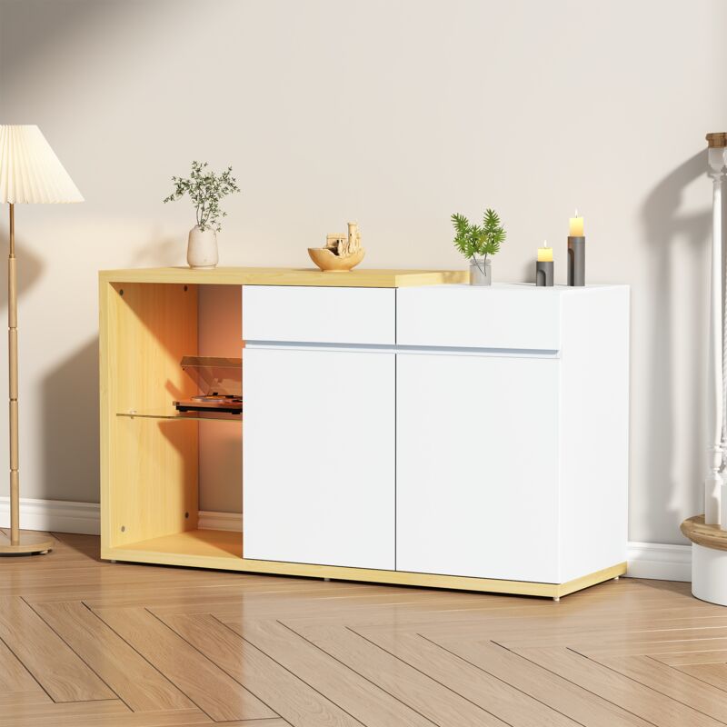 Wishdor - Buffet blanc et bois, buffet led avec 2 portes et 2 tiroirs