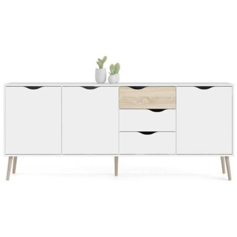 Buffet blanc et chêne 195,7 x 81,7 x 39,1 cm – 3 portes, 3 tiroirs – Piétement en bois massif – Finition élégante pour salle à manger – Tvilum