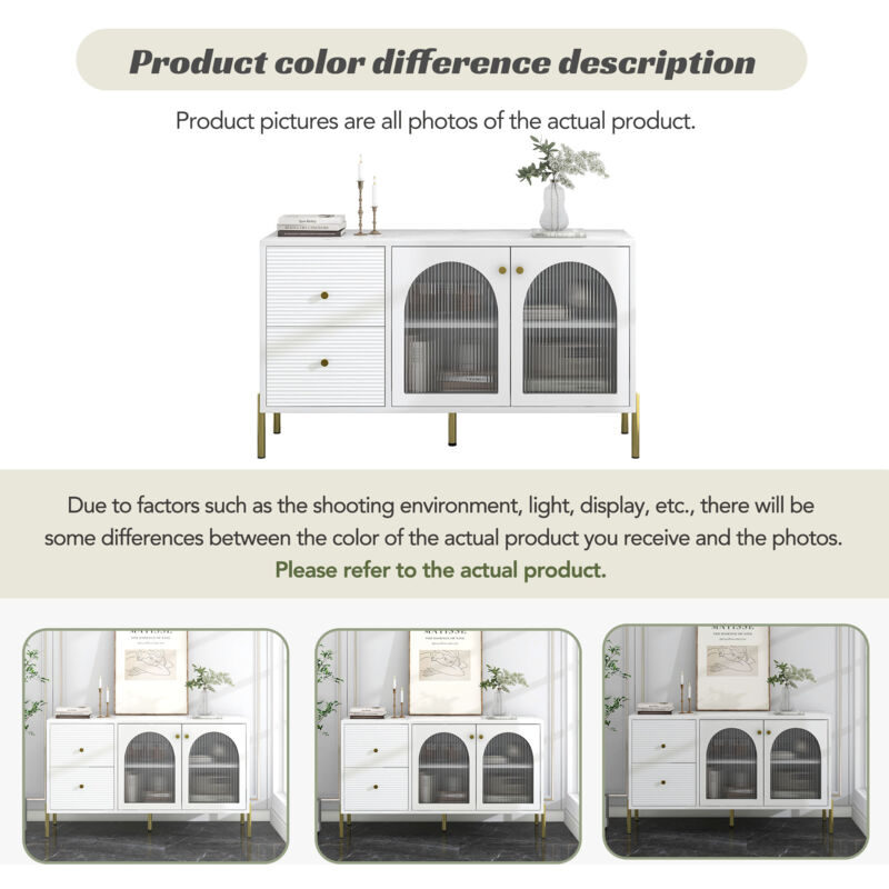 Ohjijinn - Buffet blanc et doré de 120 cm de long avec étagères réglables et plateau en marbre, meuble avec 2 portes et 2 tiroirs, meuble avec portes