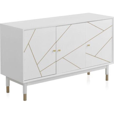 Buffet blanc laqué portes décor doré style contemporain - blanc brillant et doré élégant