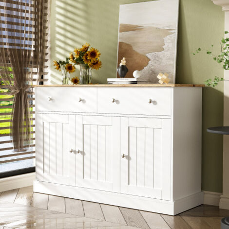 Buffet blanc, meuble de rangement avec texture gravée et beaucoup d'espace de rangement, 120x36x80 cm