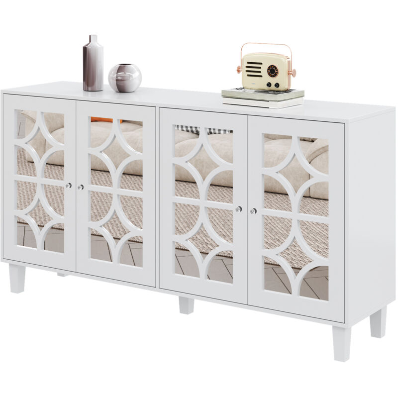 Redom - Buffet blanc miroir avec poignées en cristal froid, quatre portes, avec stratifié mobile pour salon et salle à manger, 160 x 40 x 85 cm.
