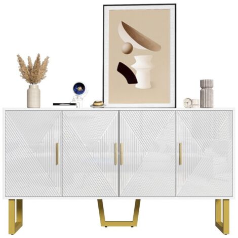 Buffet blanc moderne 150cm 4 portes texturées brillantes poignées dorées étagères réglables enfilade design élégant