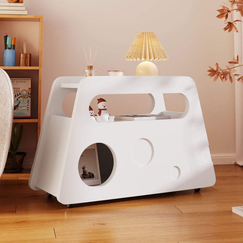 Buffet blanc moderne à roulettes, design arrondi sûr idéal pour le salon et la chambre