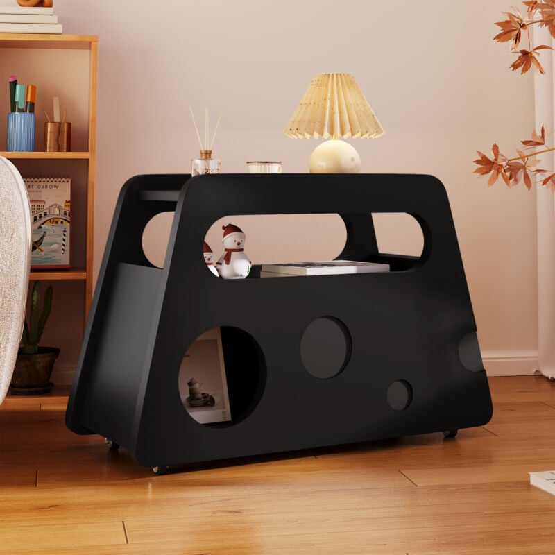 Buffet noir moderne à roulettes, design arrondi sûr idéal pour le salon et la chambre