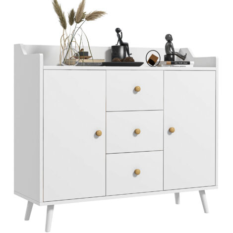 Buffet blanc moderne avec 2 portes et 3 tiroirs, meuble de rangement en bois massif, dimensions 90x32x80 cm.